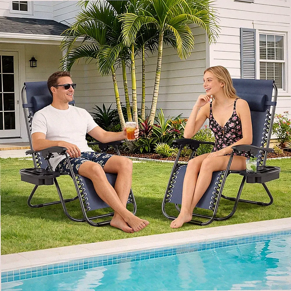 Adjustable Zero Gravity Lounge Chair, Portable W/ Pillow & Cup Tray for Deck