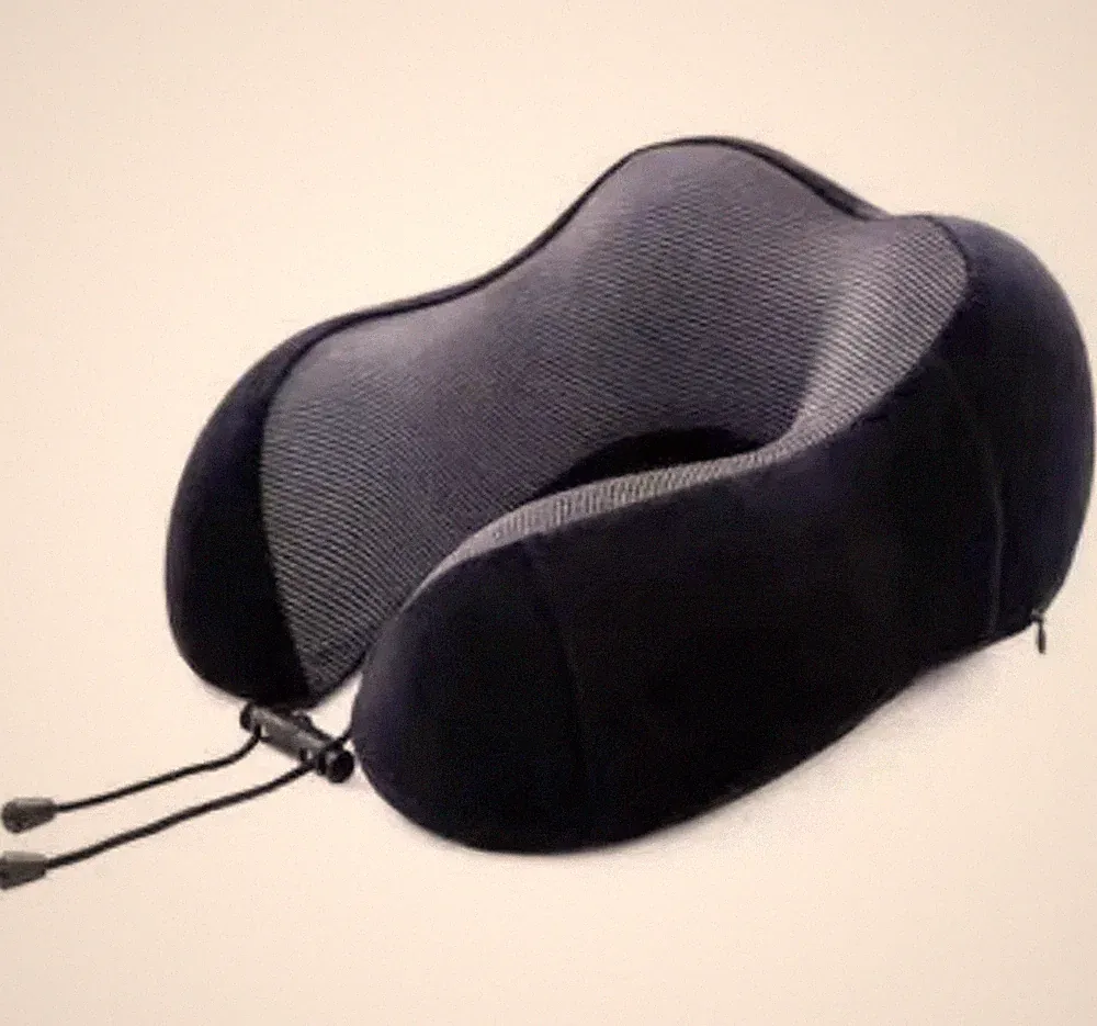Black Memory Foam Neck Pillow U-Shaped Travel Cushion with Drawstring