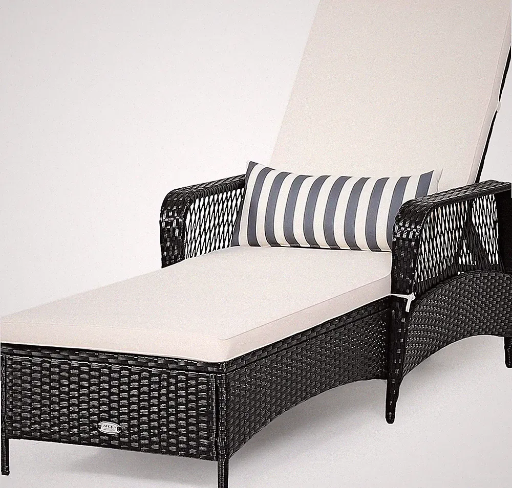 Black Wicker Chaise Lounge Chair with Adjustable Backrest & Thick Cushion