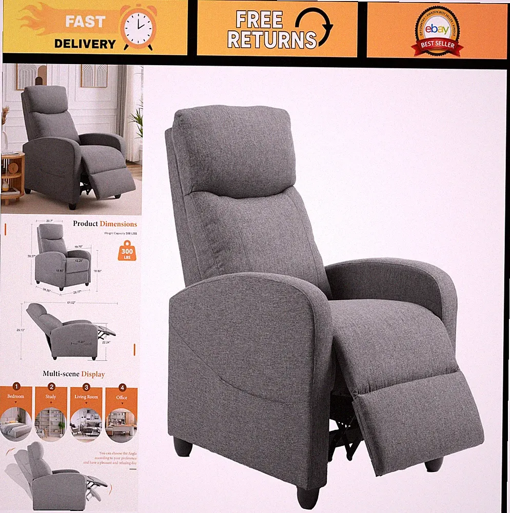 Comfortable Fabric Recliner Chair - Adjustable Push Back, Lumbar Support, Overst