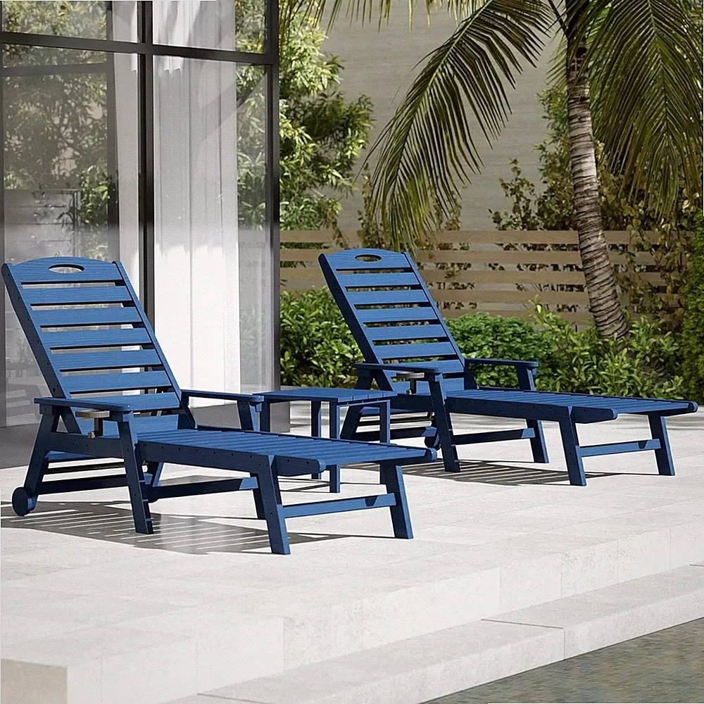 Domi Outdoor 2pcs HDPE Chaise Lounge w/Table&Reclining Backrest for Patio,Blue