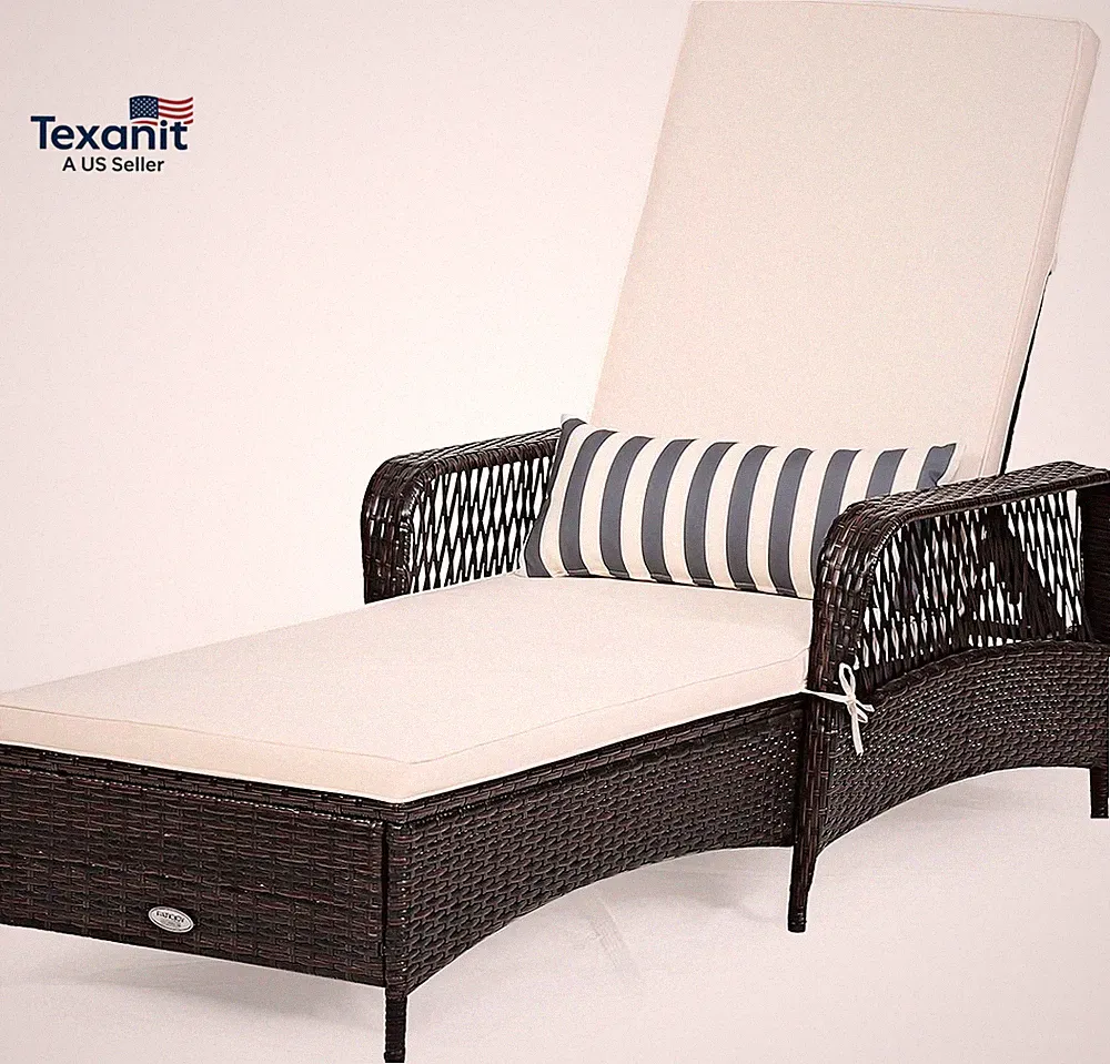 PE Rattan Chaise Lounge Chair, 6 Gear Adjustable Recliner with Armrest & Pillow